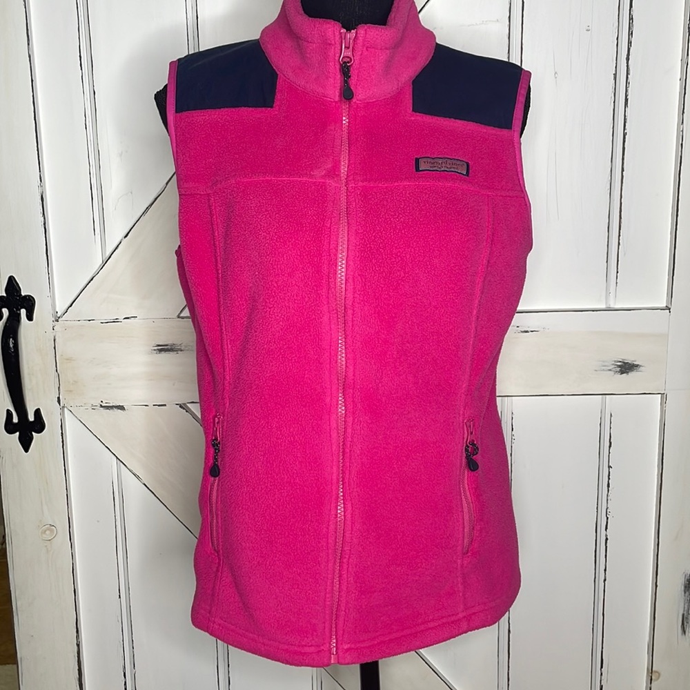 Vineyard Vines Fleece Vest Sz M Pink w/ Navy Accent Pockets inside & out